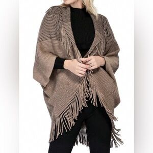 Ruggine Knit Fringe Poncho Shrug Wrap Taupe Brown Tan